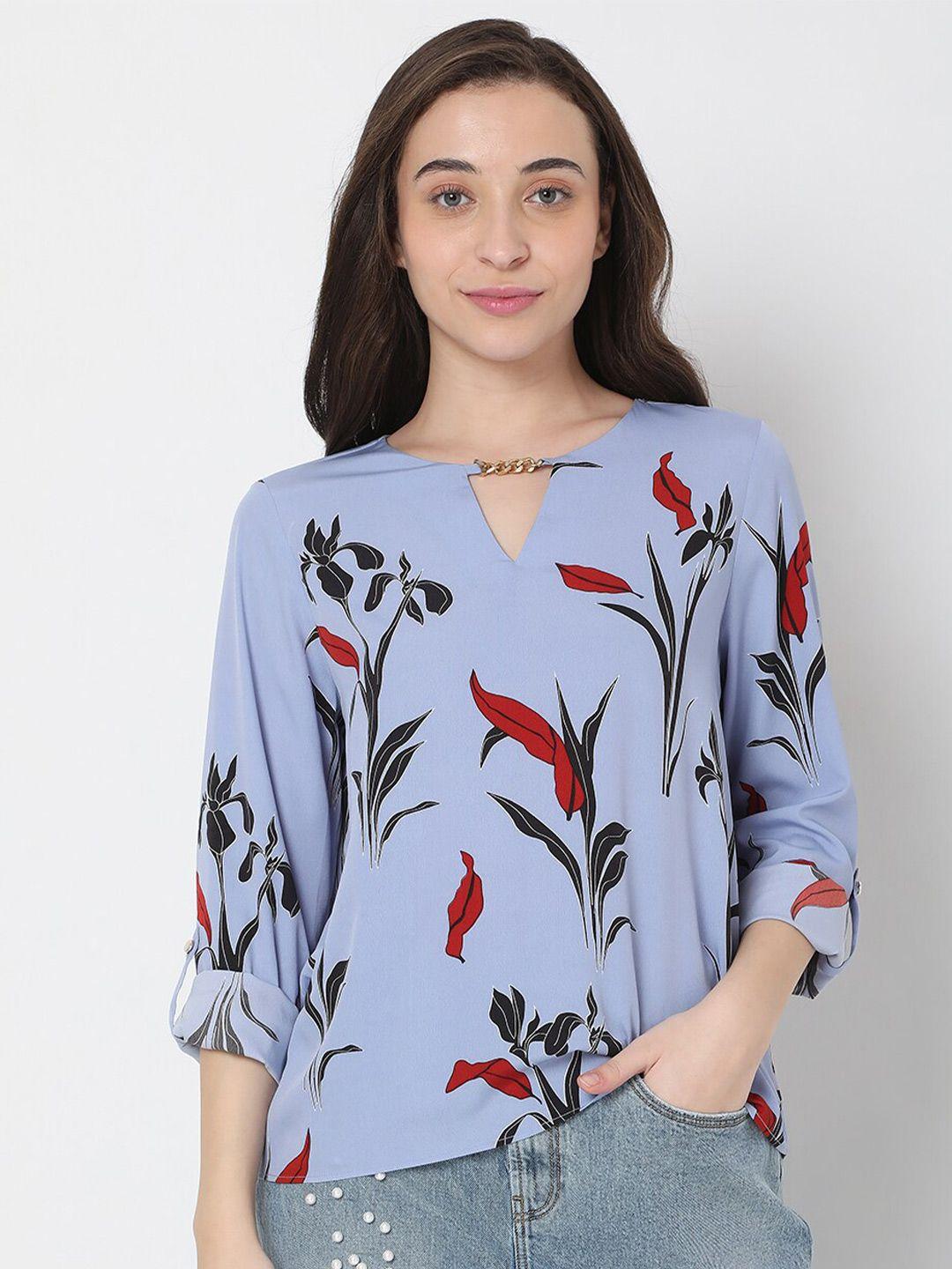 vero moda blue floral print extended sleeves top