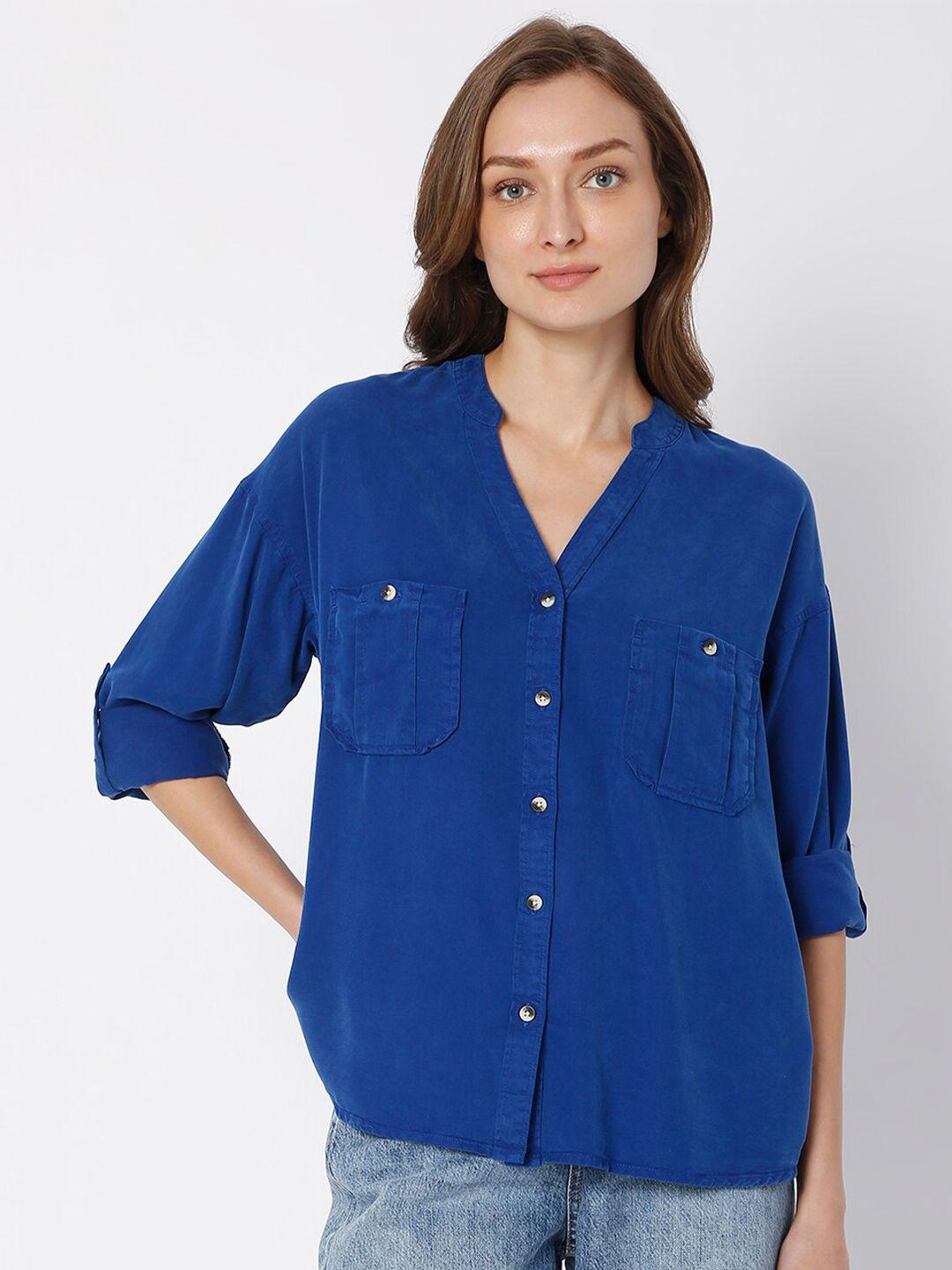 vero moda blue roll-up sleeves shirt style top