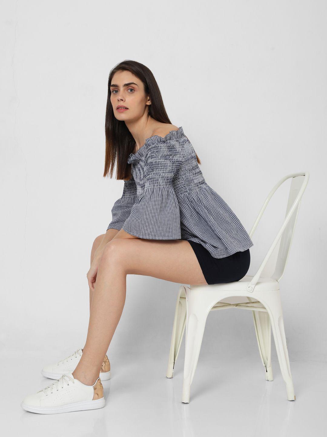 vero moda blue striped off-shoulder bell sleeve bardot top