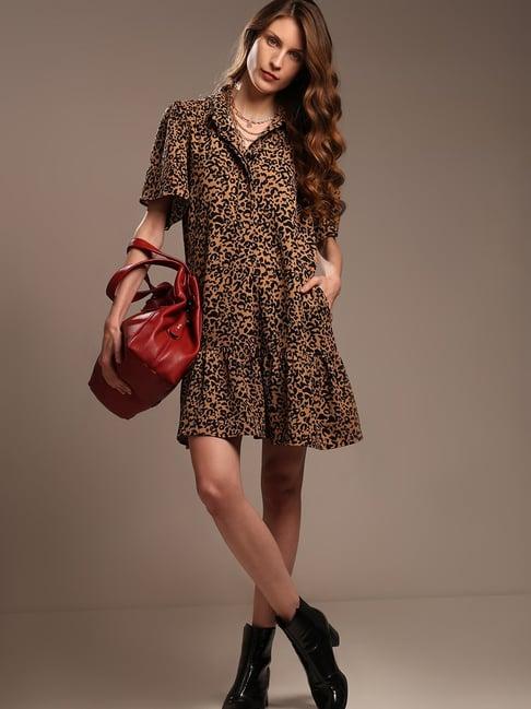 vero moda brown & black animal print shirt dress