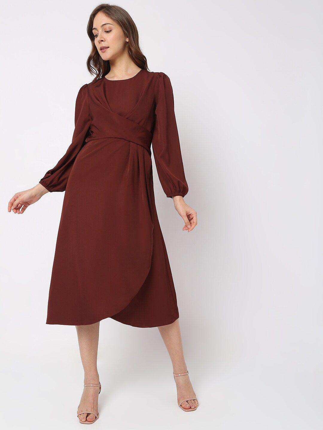vero moda brown a-line midi polyester dress