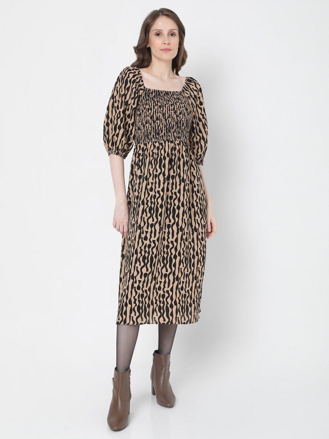 vero moda brown animal a-line midi dress