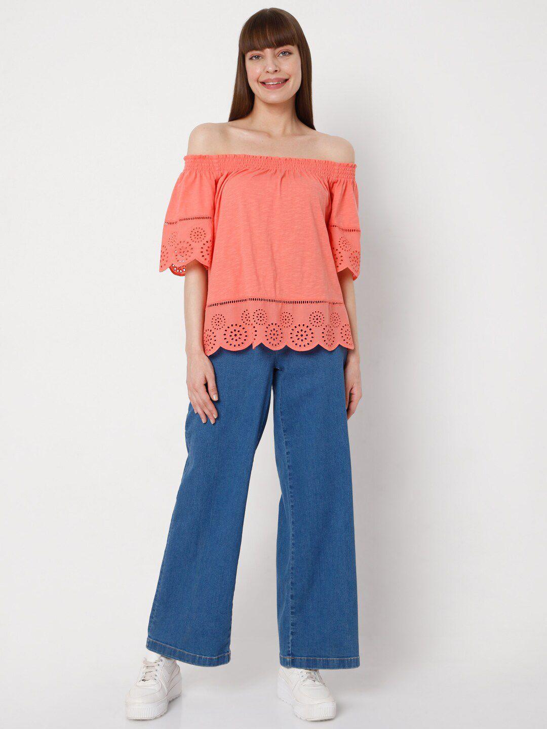 vero moda coral off-shoulder schiffli bardot top