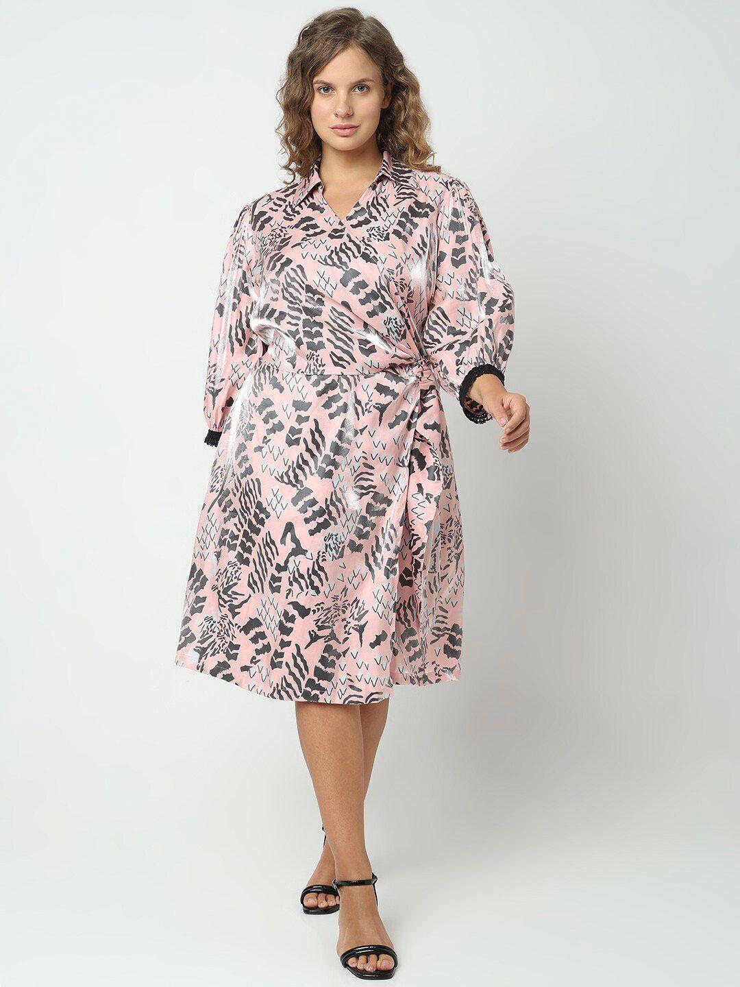 vero moda curve abstract printed shirt collar lace inserts wrap dress