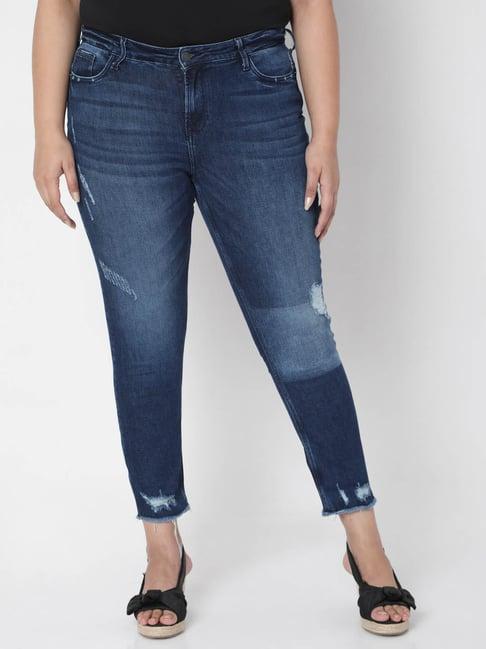 vero moda curve dark blue distressed jeans