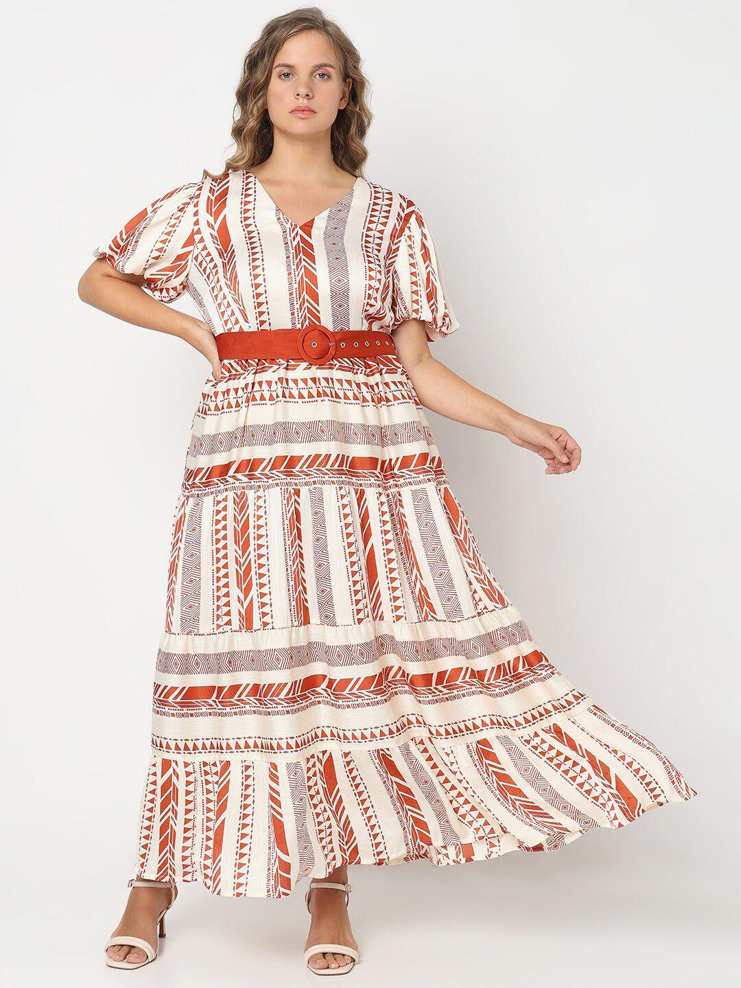 vero moda curve geometric printed puff sleeves belted maxi dress