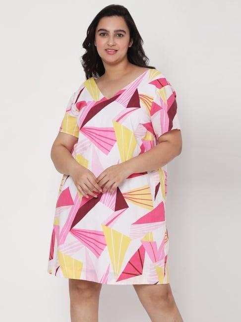 vero moda curve pink & white cotton printed shift dress
