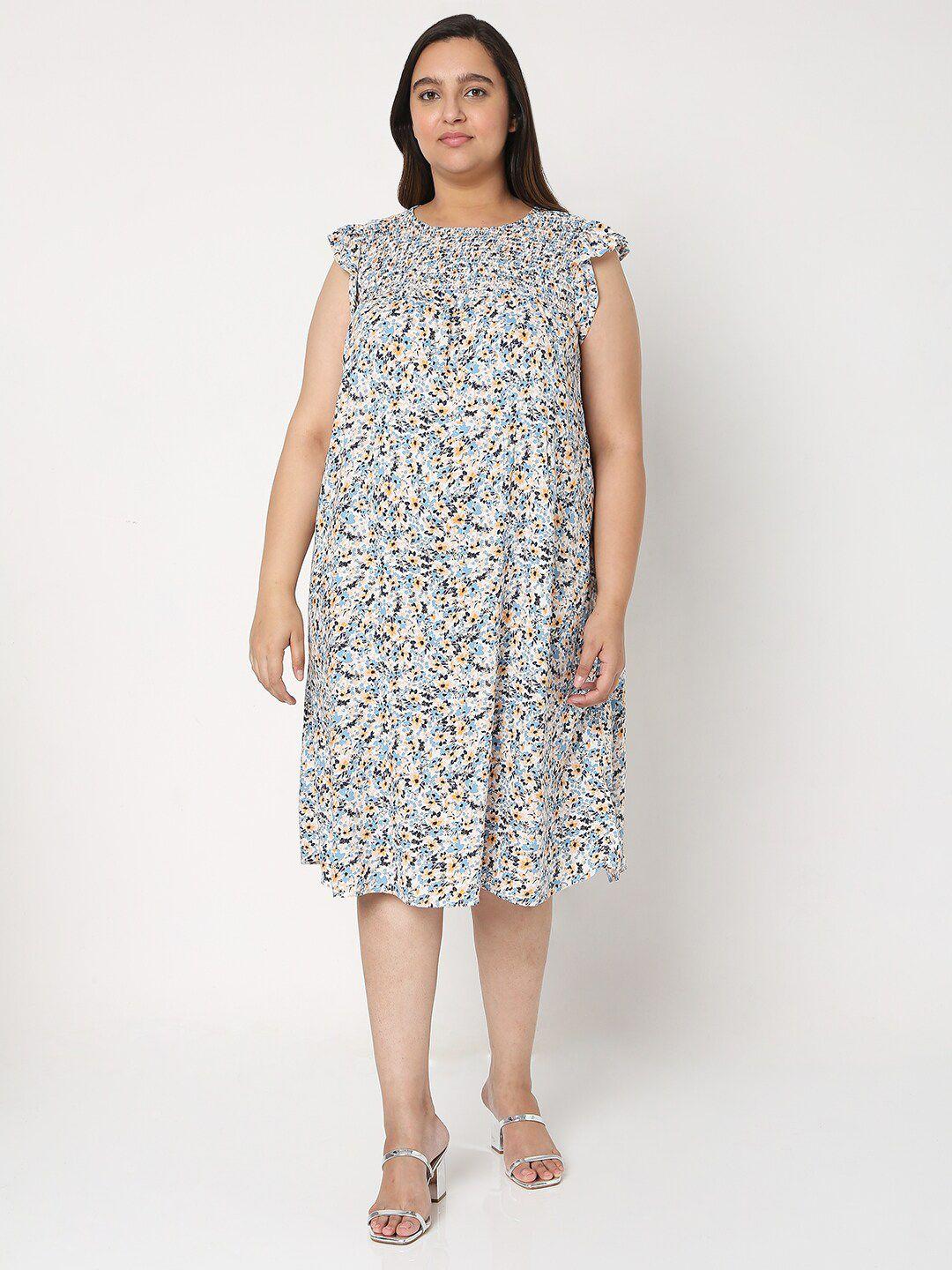 vero moda curve plus size white & blue floral a-line dress