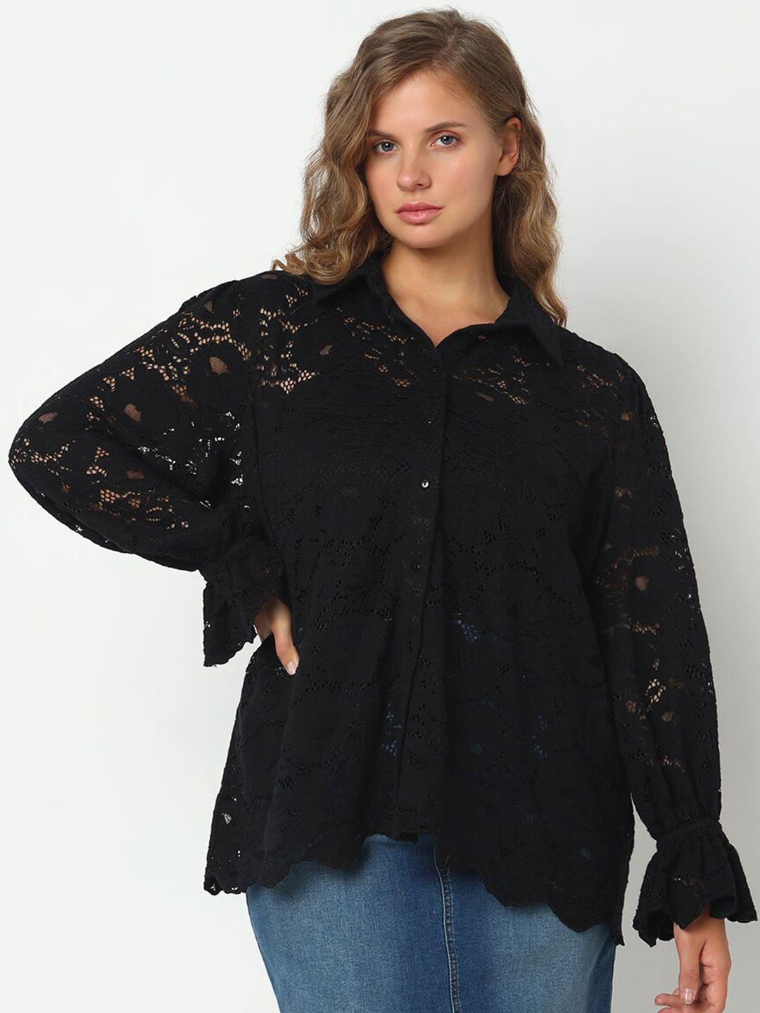 vero moda curve semi sheer floral self design puff sleeves cotton casual shirt