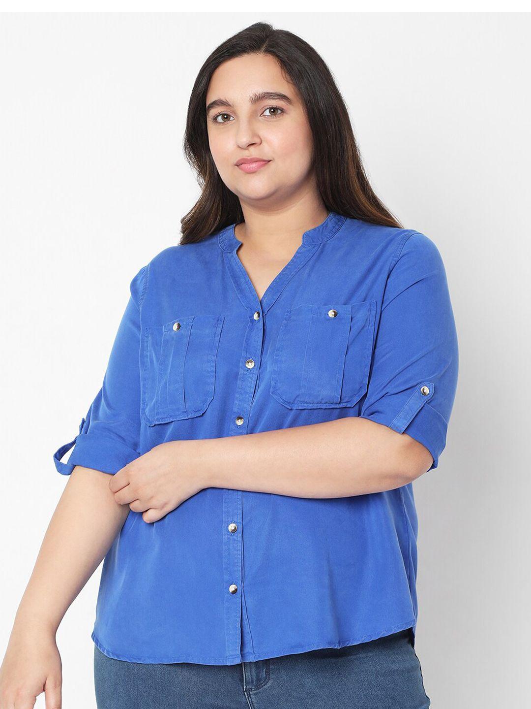 vero moda curve women blue regular fit solid casual shirt