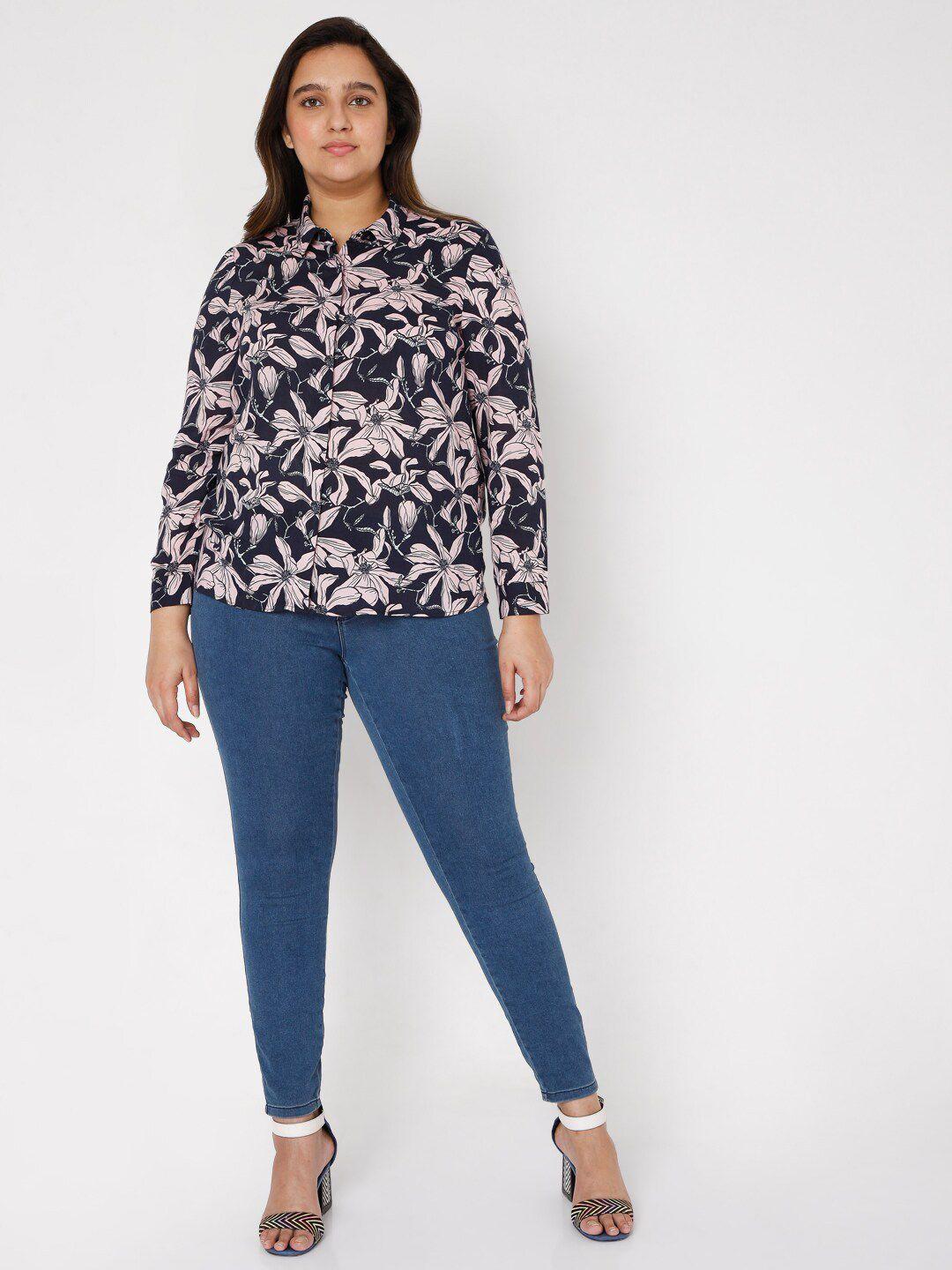 vero moda curve women navy blue regular fit floral printed casual shirt