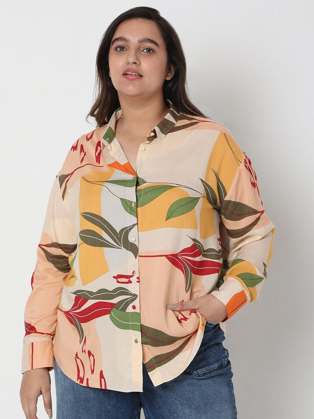 vero moda curve women peach-coloured floral printed casual shirt