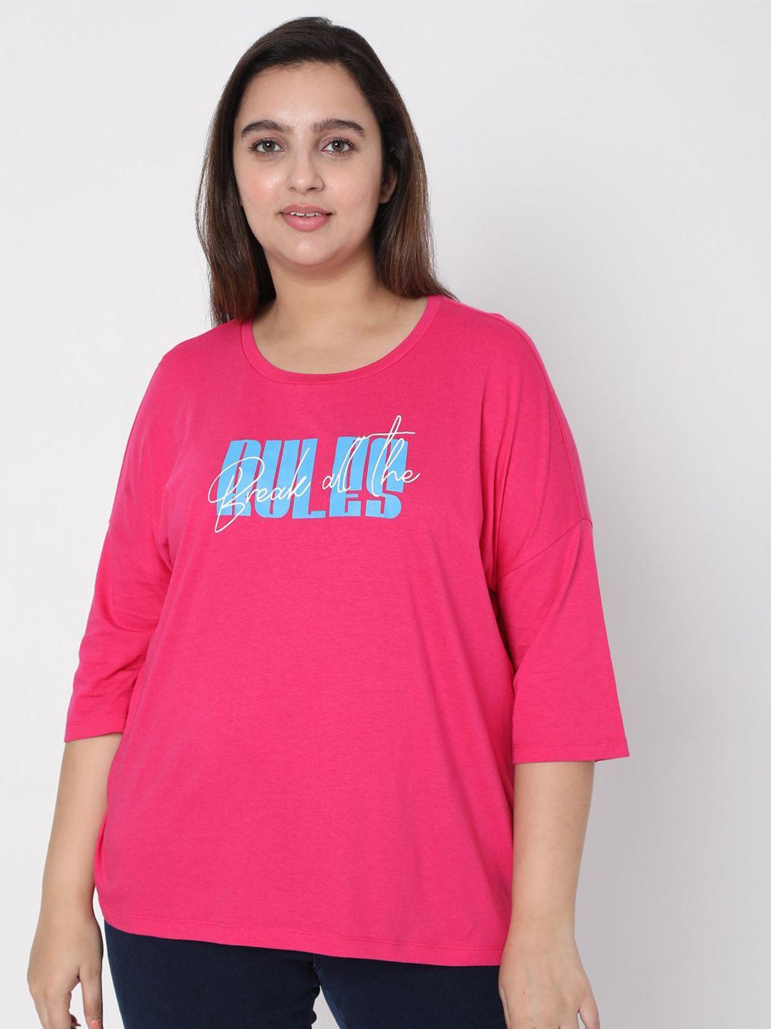 vero moda curve women pink & blue typography printed cotton oversized fit t-shirt