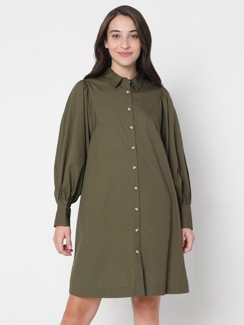 vero moda dark green midi shirt dress