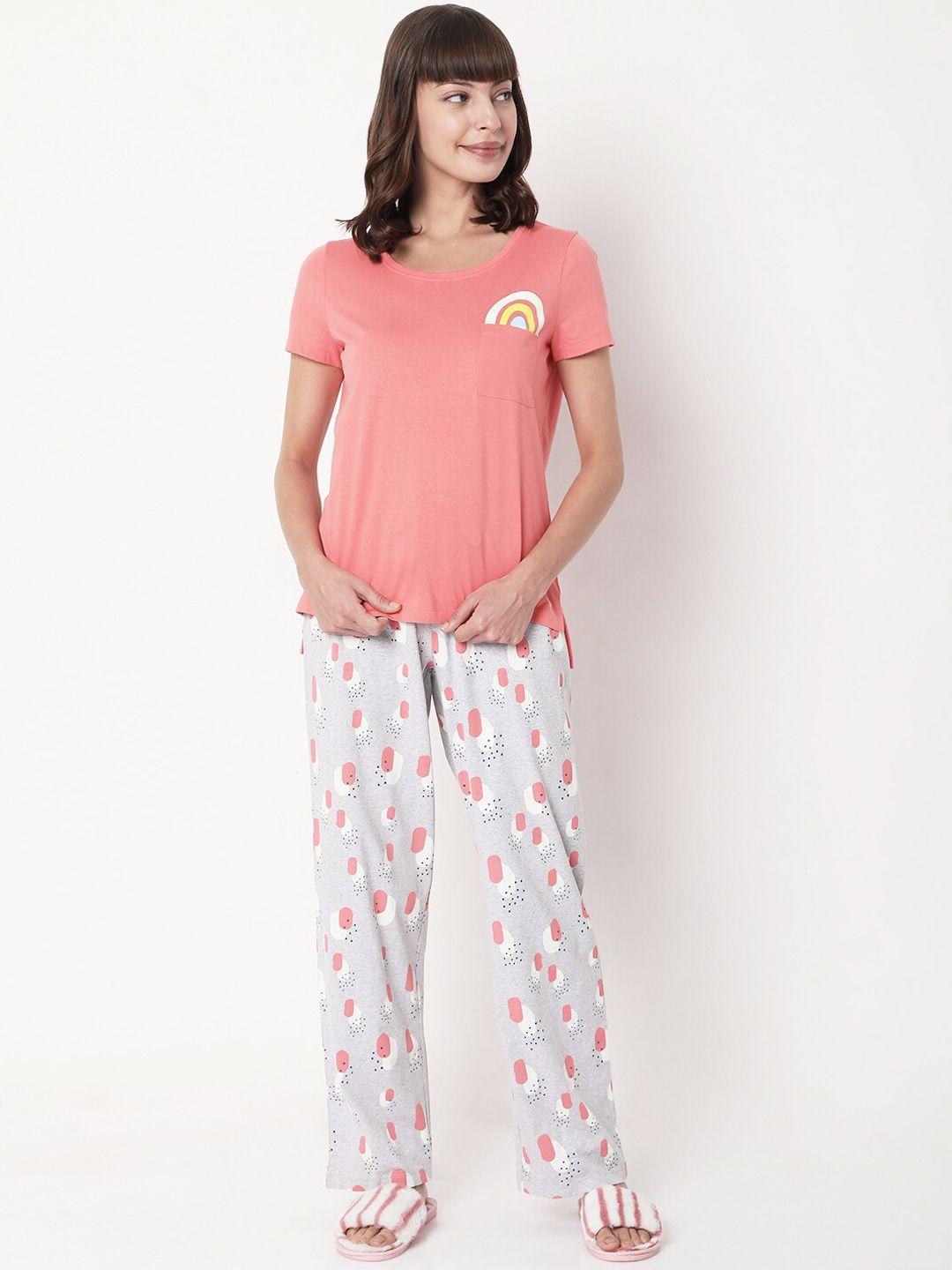 vero moda ease women pink & white printed night suit