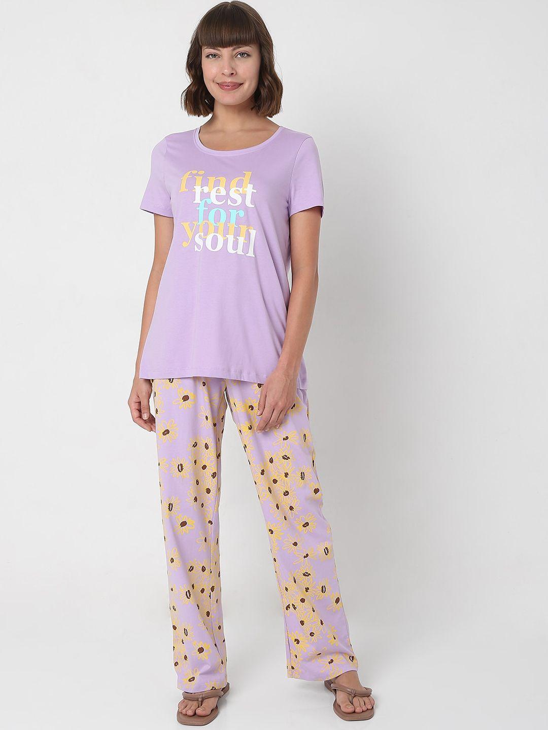 vero moda ease women purple printed pure cotton night suit