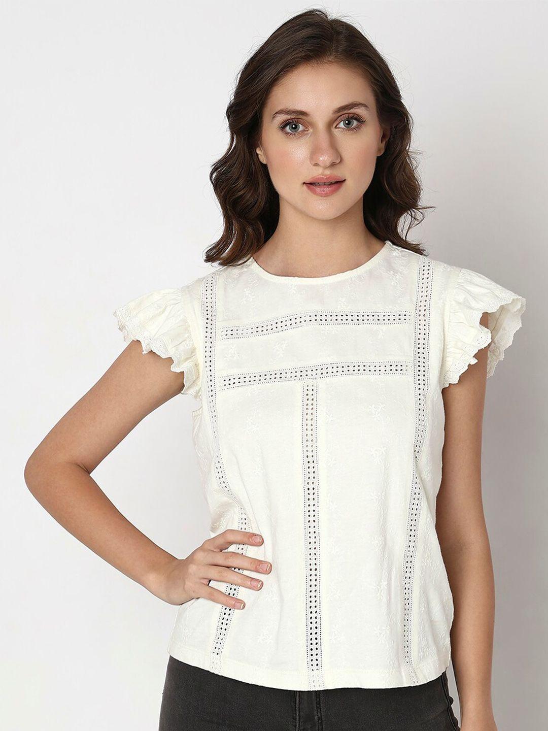 vero moda floral embroidered flutter sleeves lace inserts cotton top