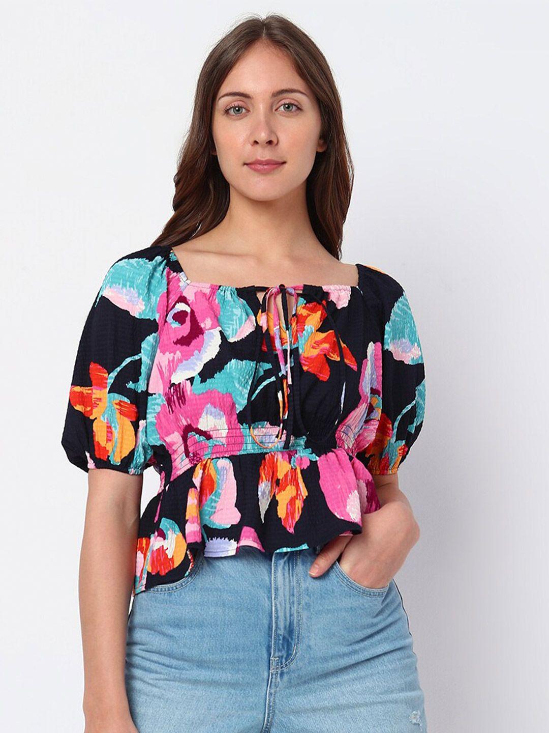 vero moda floral print puff sleeve peplum top