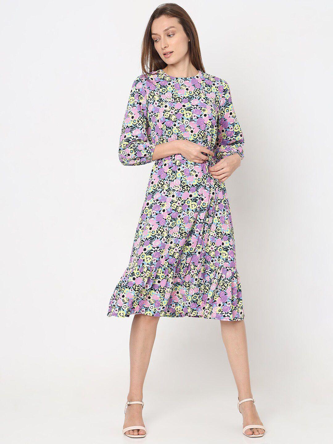 vero moda floral printed bishop sleeve layered fit and flaredress