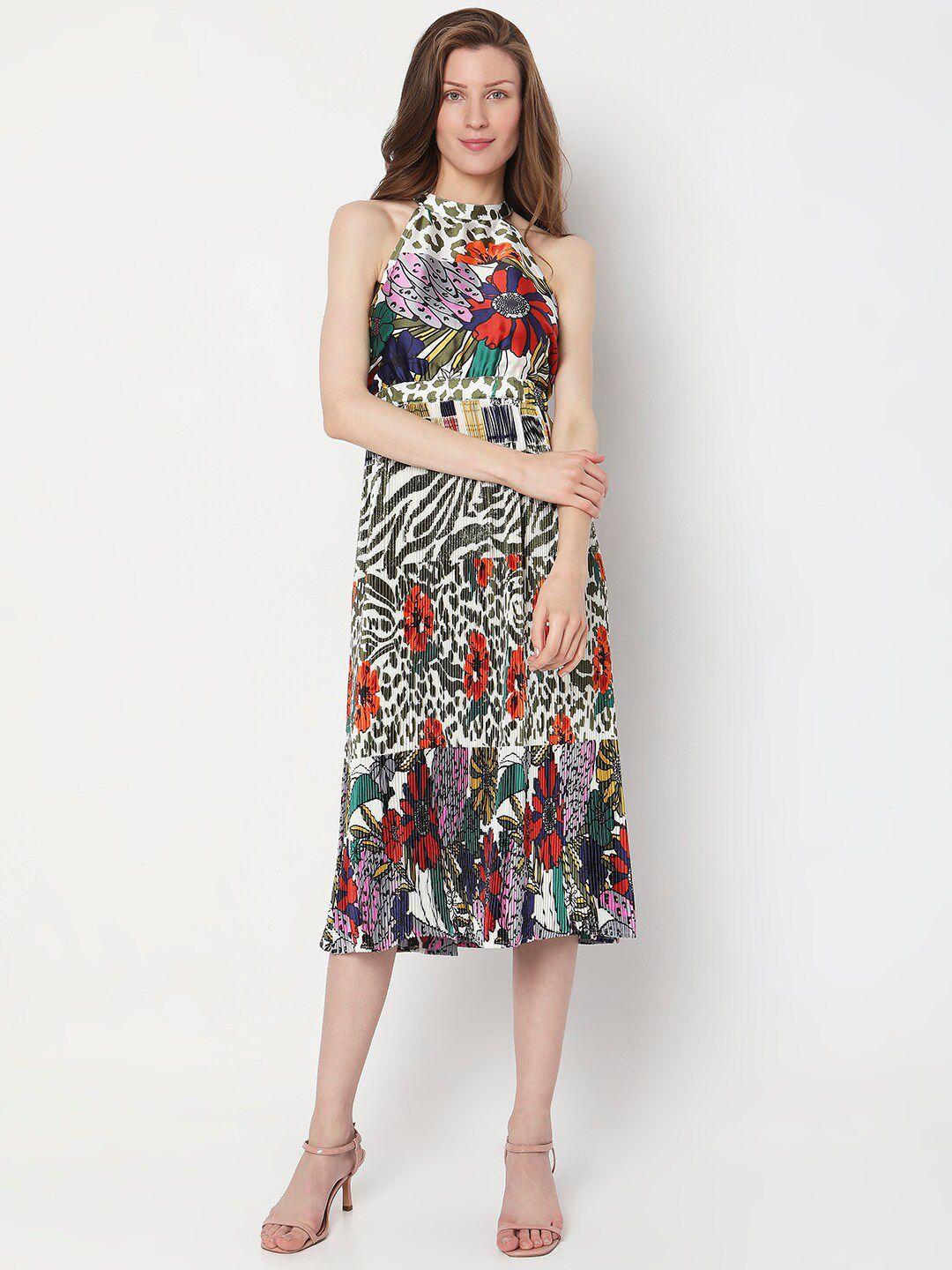 vero moda floral printed halter neck a-line midi dress