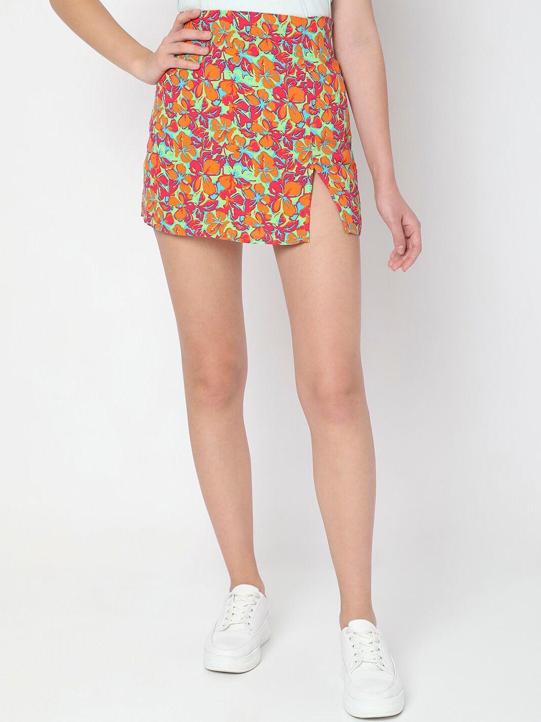 vero moda floral printed mini straight side slit skirt