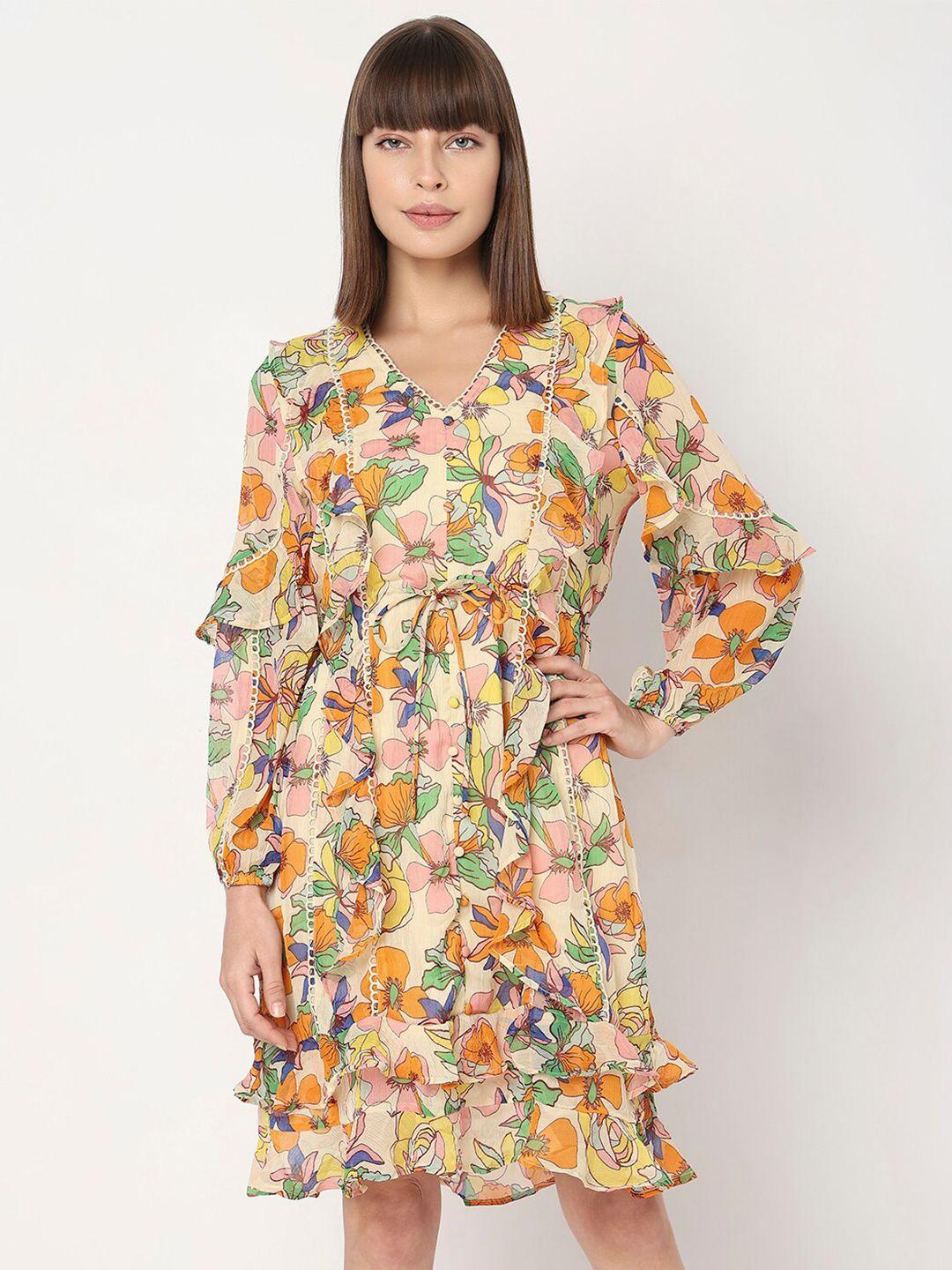 vero moda floral printed ruffled v-neck cuffed sleeves a-line dress