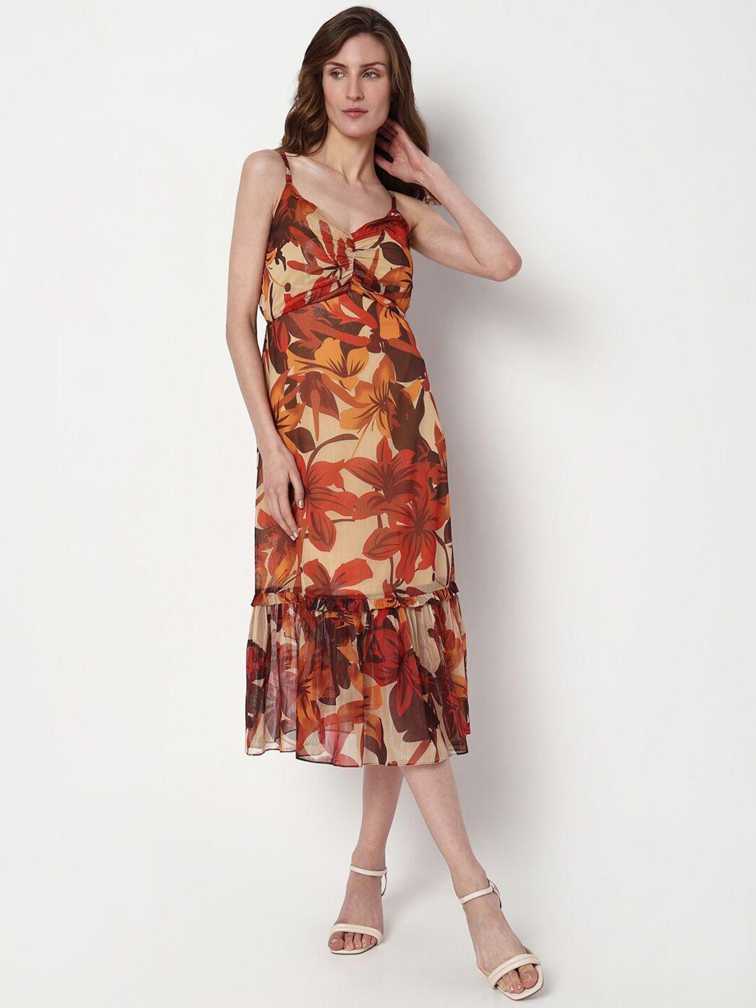 vero moda floral printed shoulder straps a-line midi dress