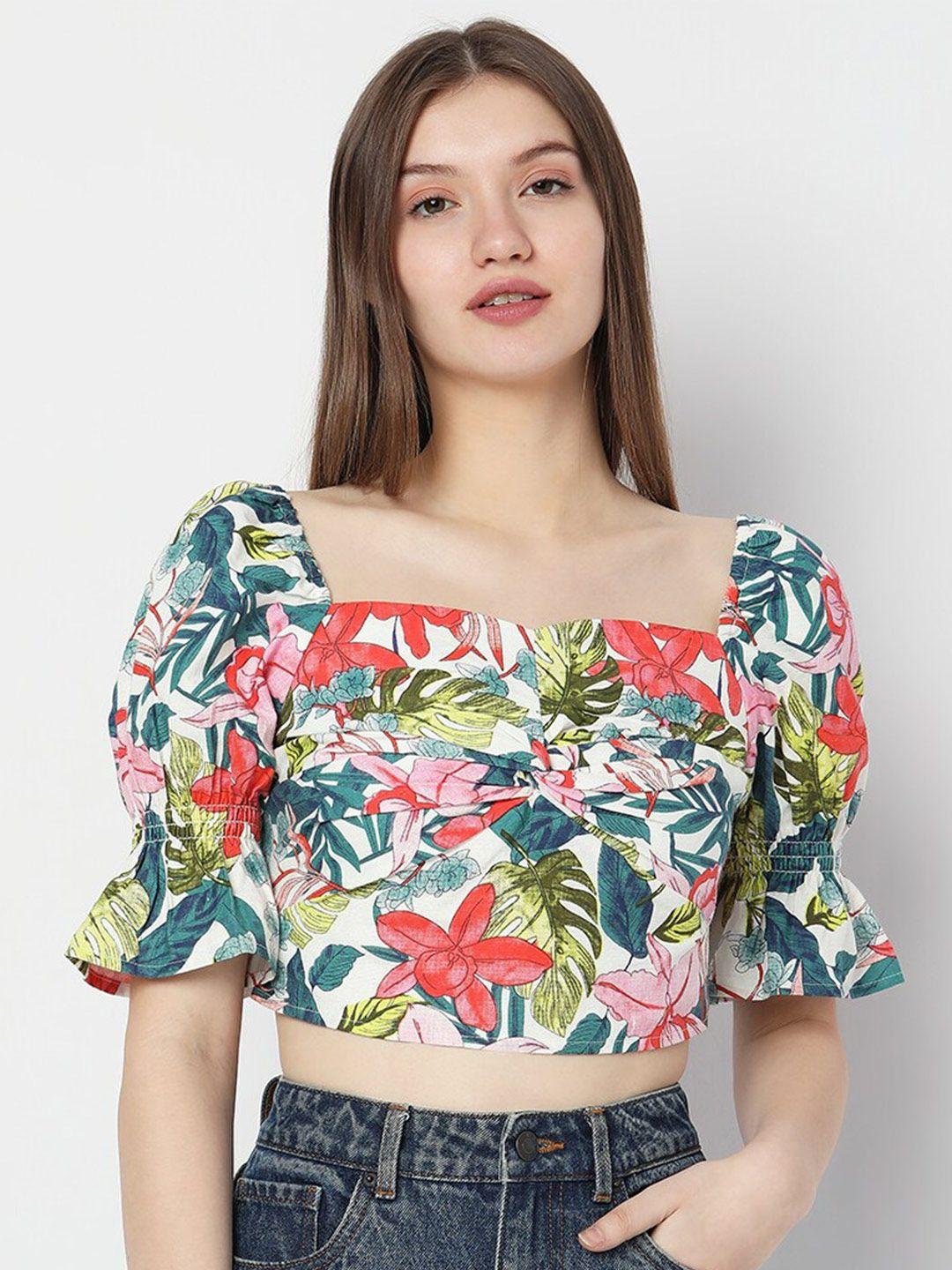 vero moda floral printed square neck puff sleeve crop top