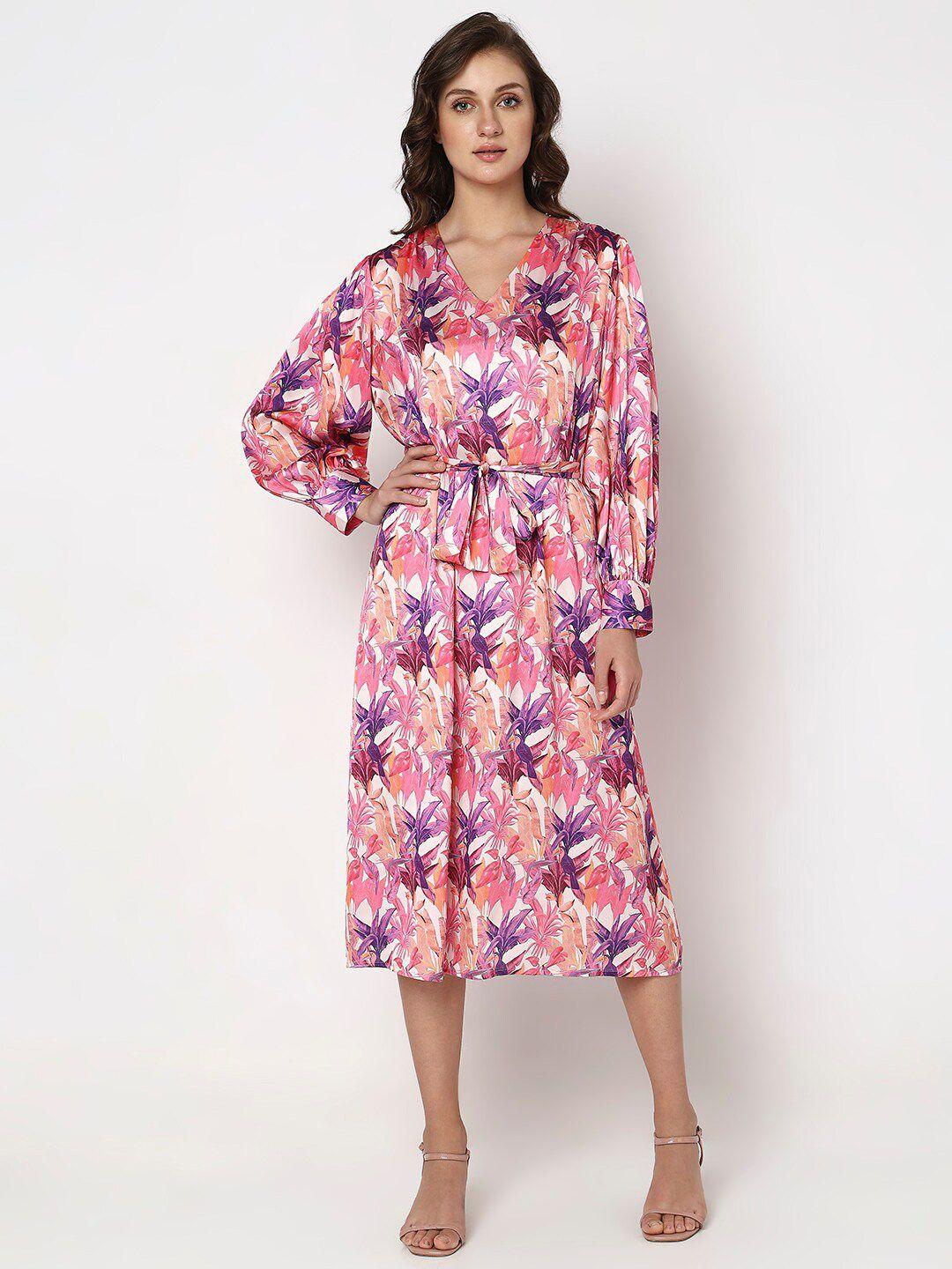 vero moda floral printed v-neck cuffed sleeves a-line midi dress