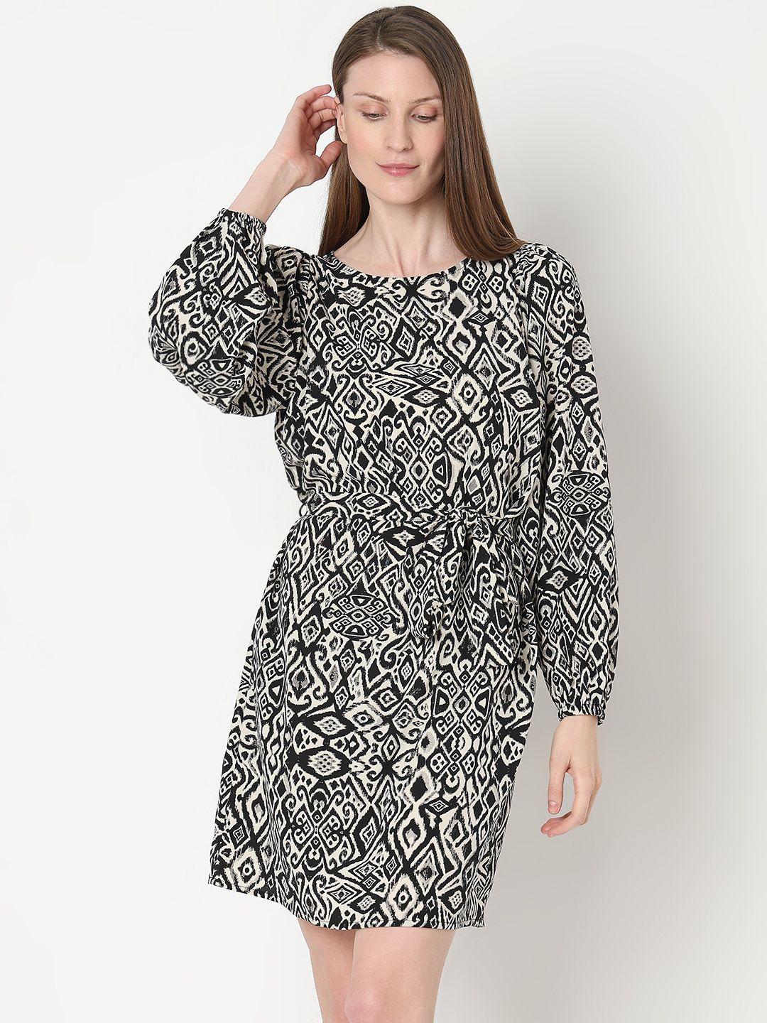 vero moda geometric printed round neck long sleeves mini fit & flare dress