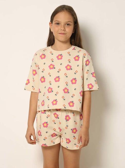 vero moda girl cream & pink cotton floral print t-shirt