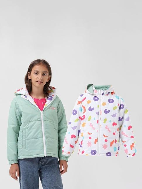 vero moda girl white & green printed full sleeves reversible jacket