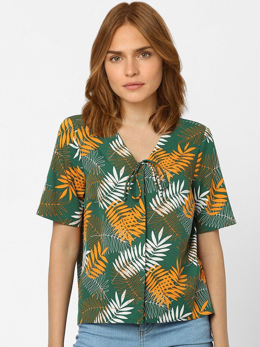 vero moda green & orange tropical print tie-up neck tropical shirt style top