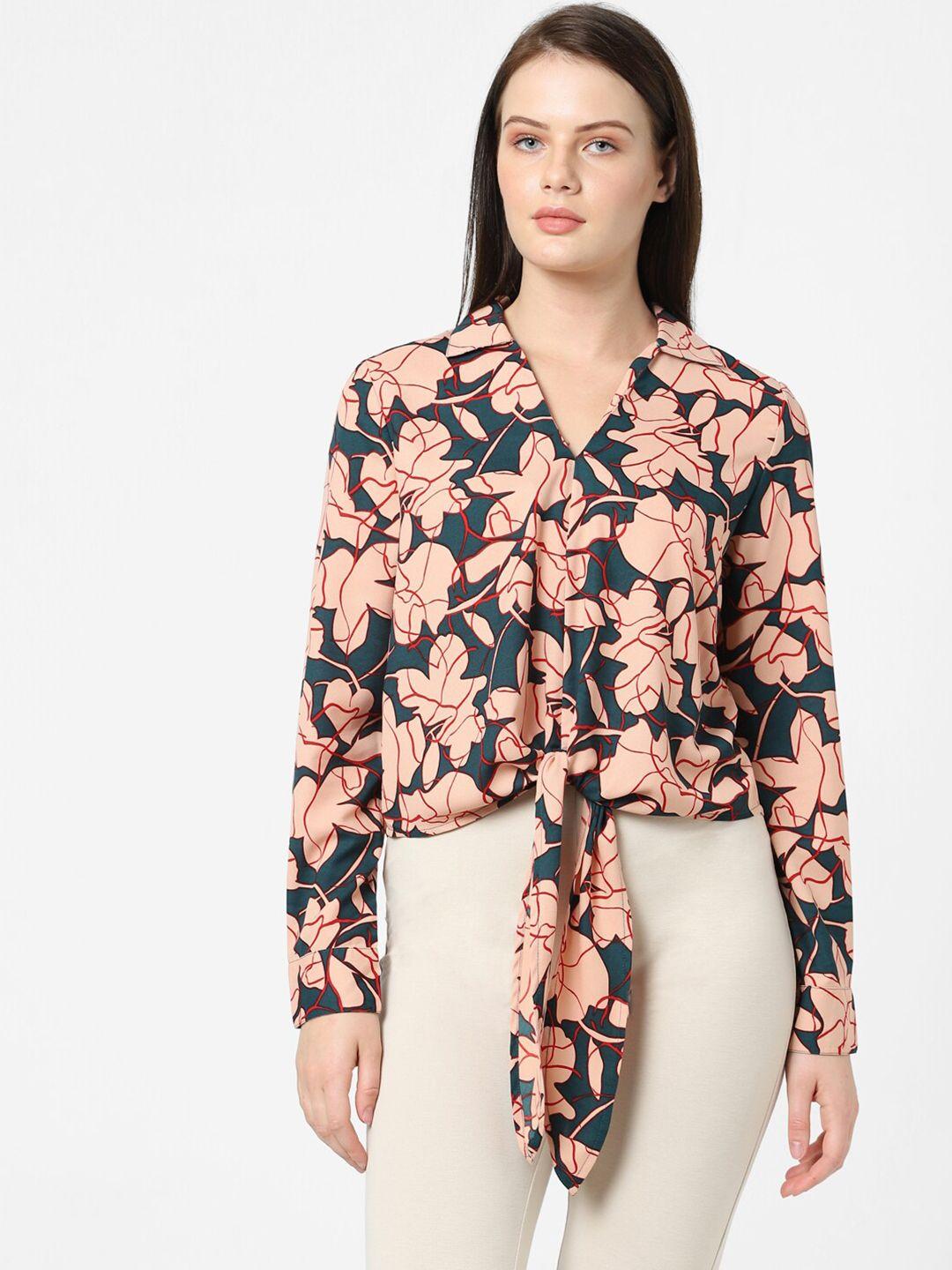 vero moda green & peach-coloured floral print shirt style crop top