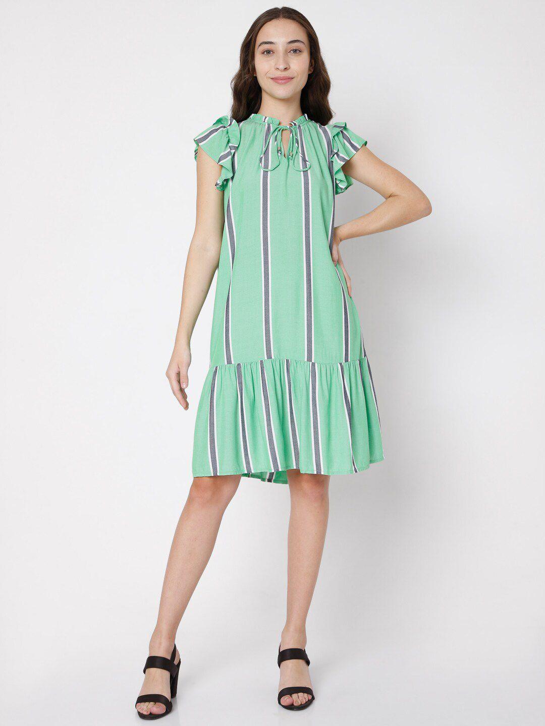 vero moda green & purple striped tie-up neck a-line dress