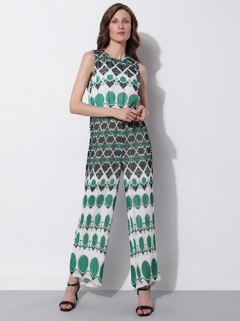 vero moda green & white printed jumpsuit