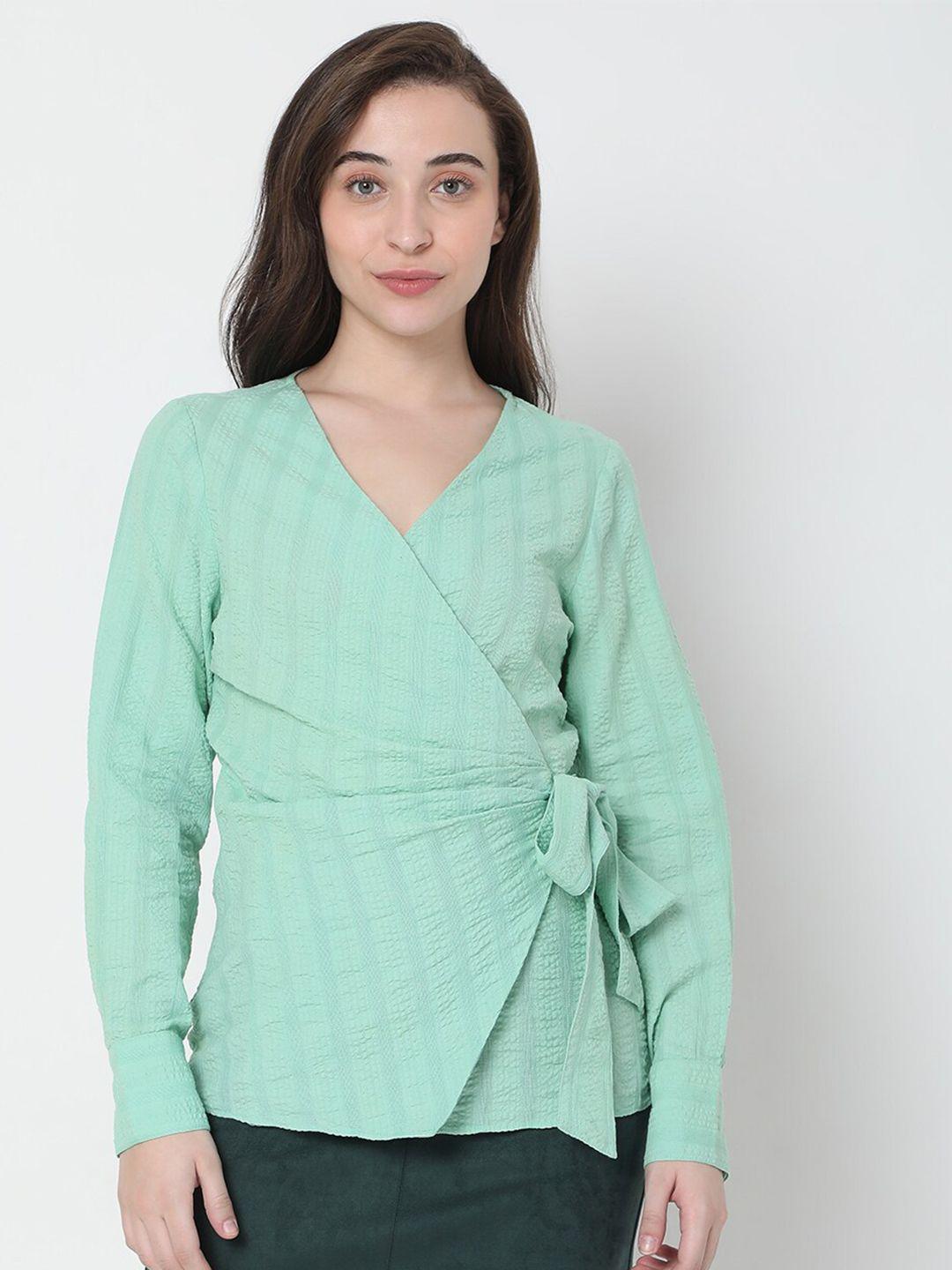 vero moda green & white smocked wrap top