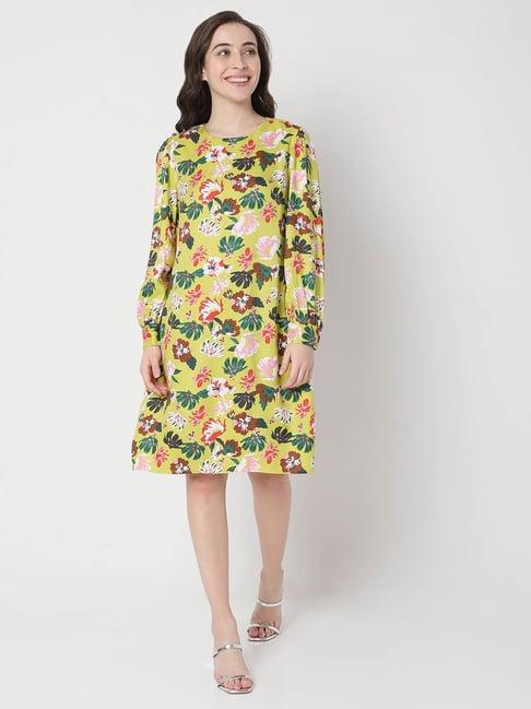 vero moda green floral print a line dress