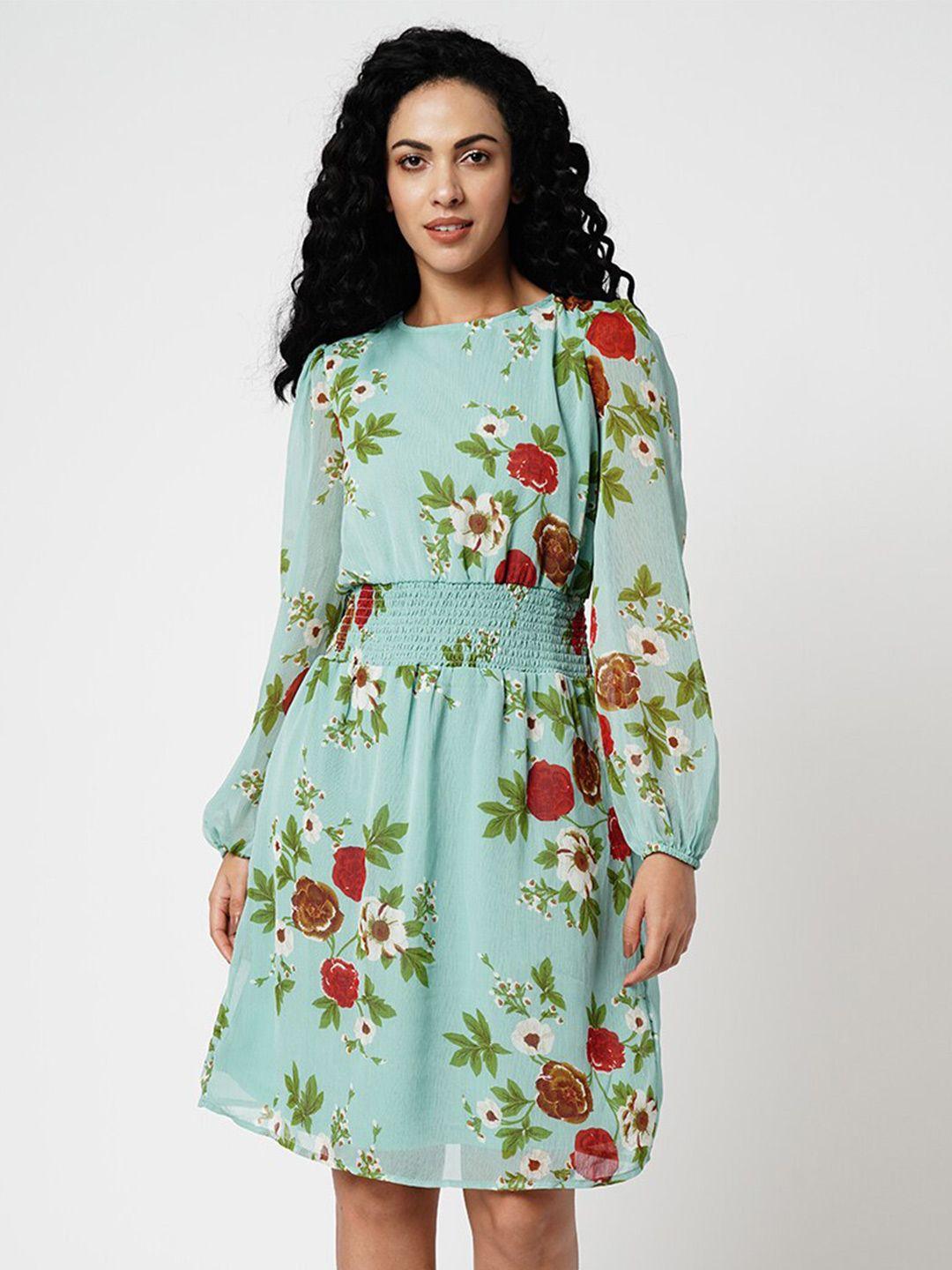 vero moda green floral print bishop sleeve fit & flare dress