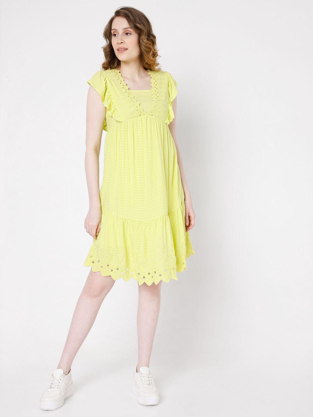 vero moda green self design ruffled empire dress