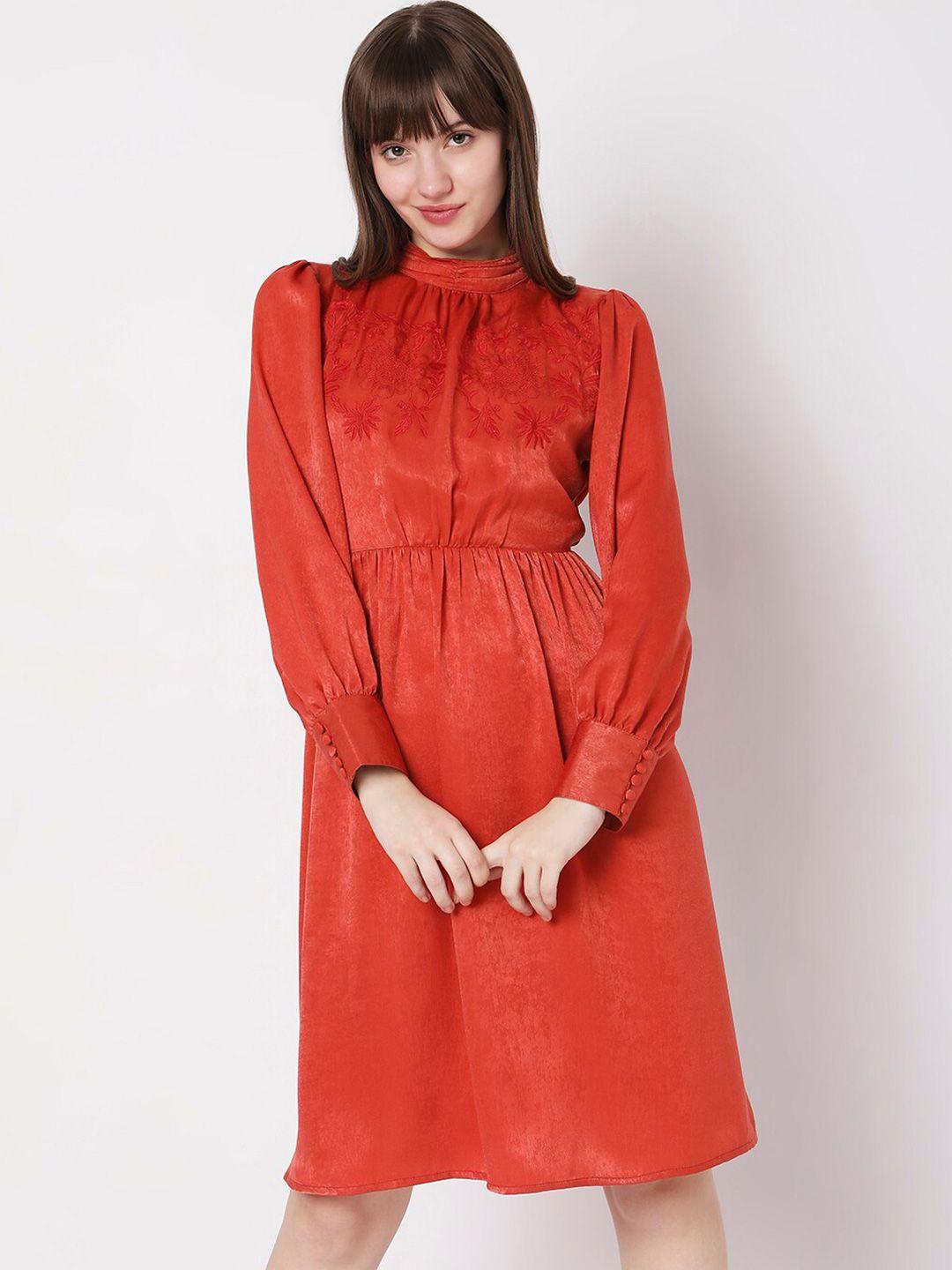 vero moda high neck cuffed sleeve embroidered fit & flare dress