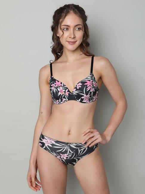 vero moda intimates black floral print medium coverage t-shirt bra