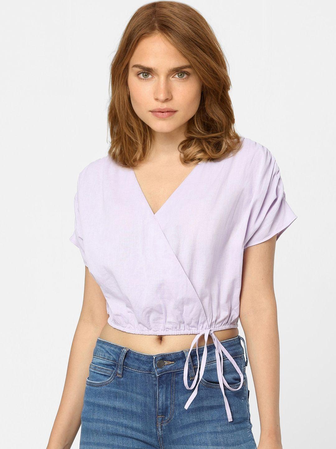 vero moda lavender ruched extended sleeves wrap crop top