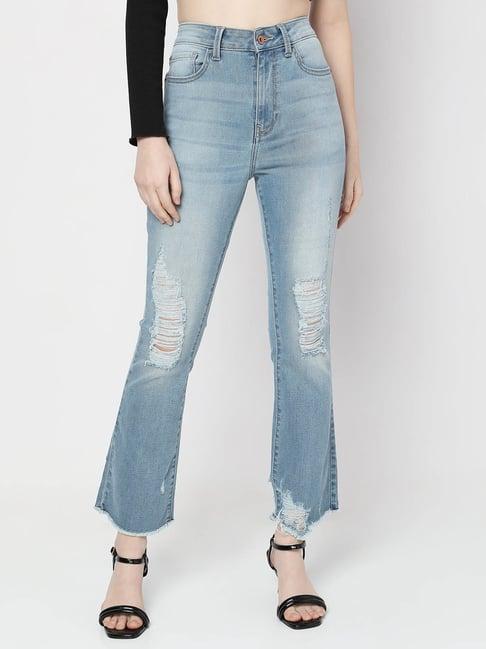 vero moda light blue cotton distressed jeans