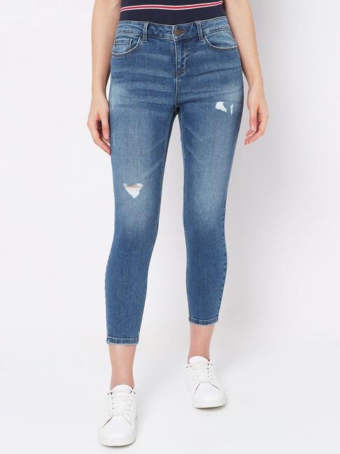 vero moda light blue distressed skinny fit mid rise jeans