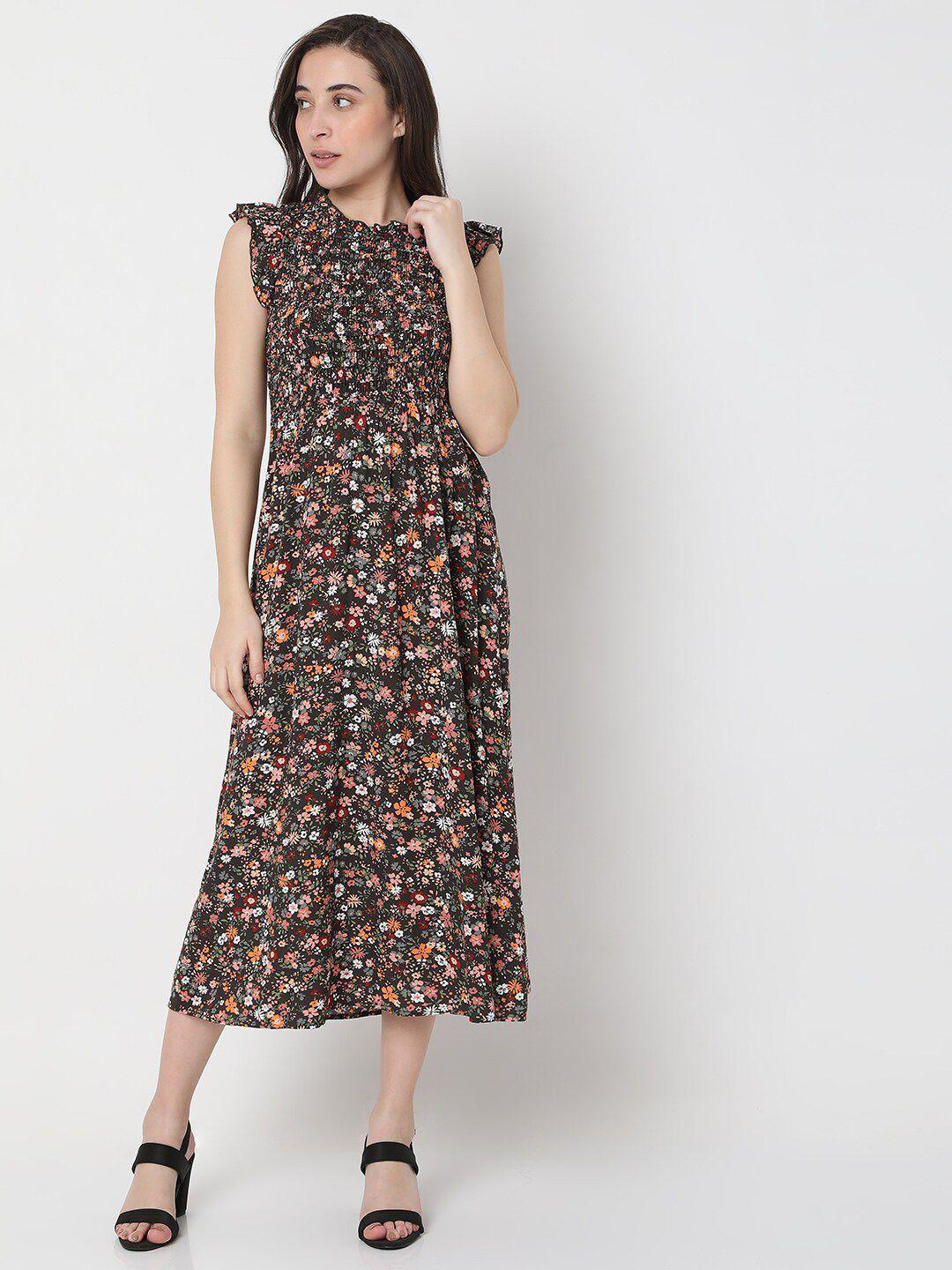 vero moda multicoloured & coffee bean floral fit & flare dress