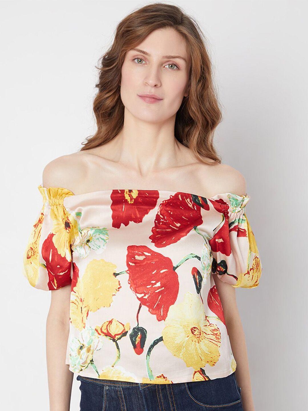 vero moda multicoloured floral print off-shoulder roll-up sleeves top