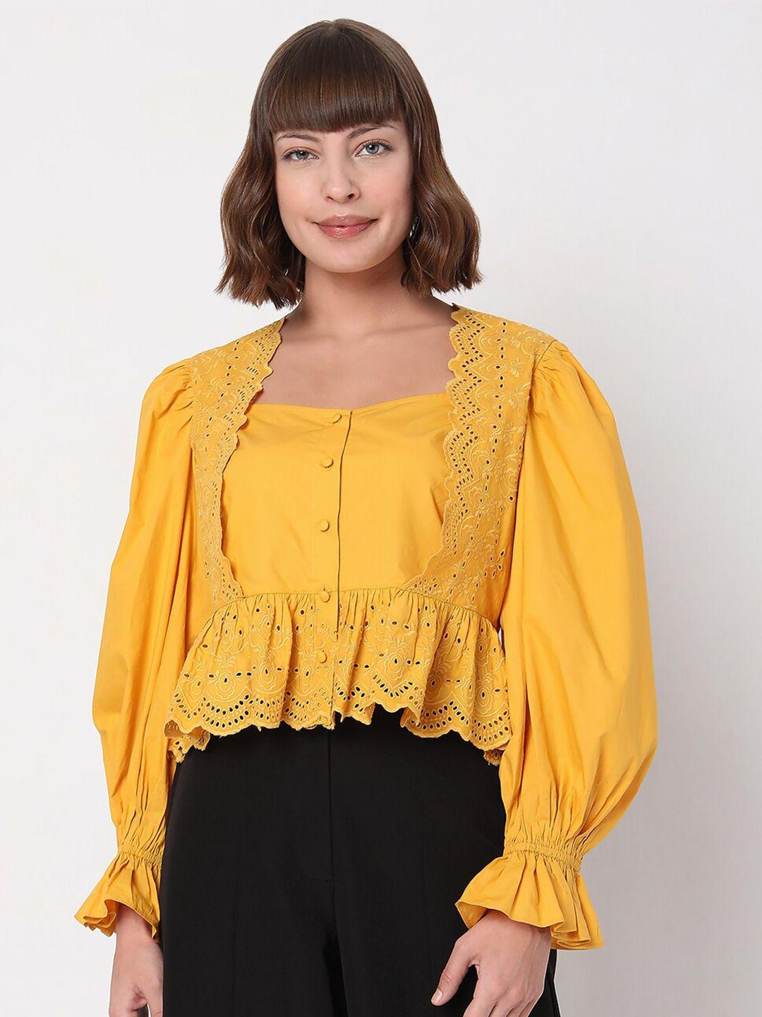 vero moda mustard yellow embroidered bell sleeves top
