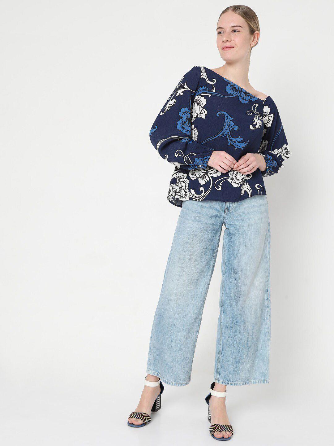 vero moda navy blue & white floral print off-shoulder bishop sleeves top