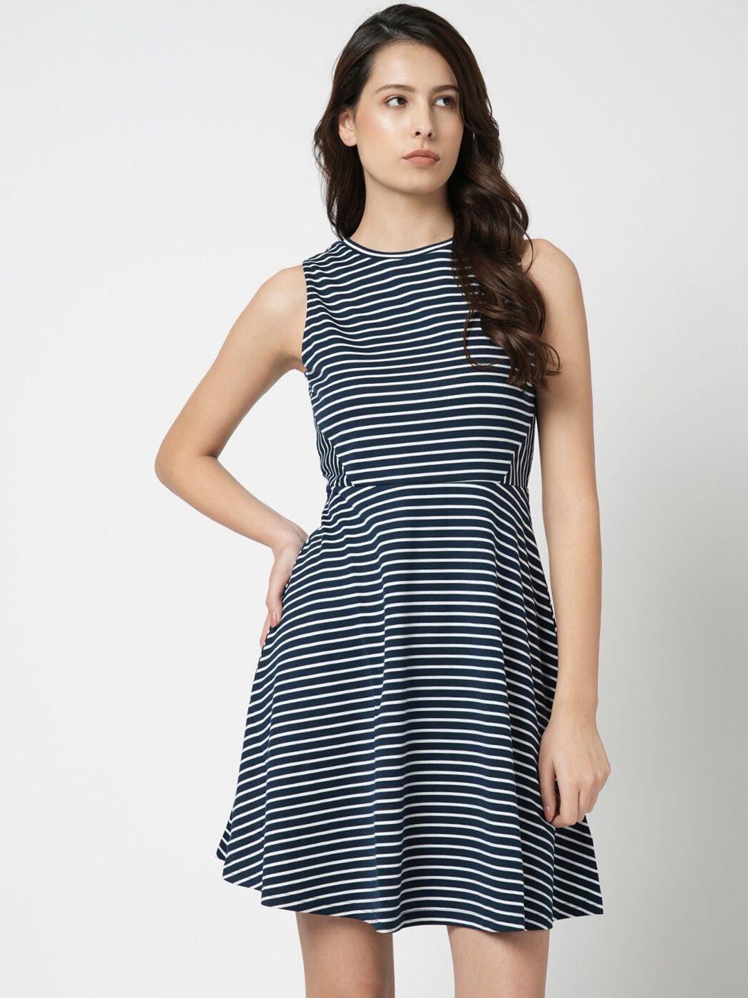 vero moda navy blue striped fit & flare dress